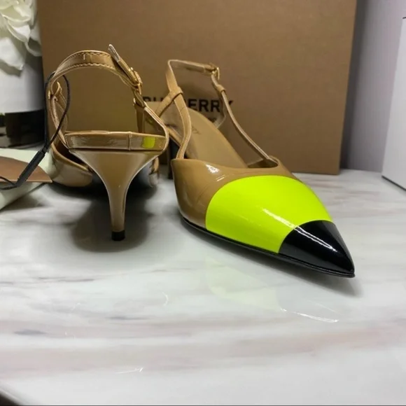 💯Auth.⭐️BURBERRY⭐️ Super Comfy!! Neon/Nude/Black Sling Back Heels NWT & OG Box! - Picture 12 of 15